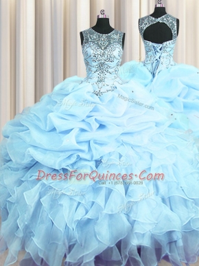 Clearance See Through Floor Length Light Blue Quince Ball Gowns Scoop Sleeveless Lace Up