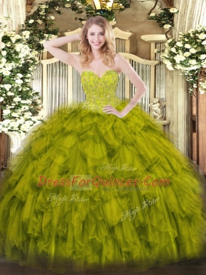 Olive Green Sleeveless Organza Lace Up Quinceanera Gowns for Military Ball and Sweet 16 and Quinceanera