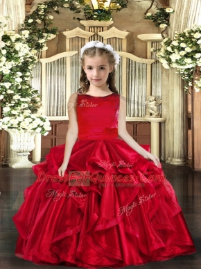 Latest Red Organza Lace Up Scoop Sleeveless Floor Length Little Girl Pageant Dress Ruffles