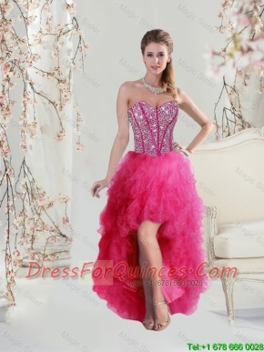 2016 Cheap Elegant High Low Sweetheart Beaded and Ruffles Prom Dresses in Hot Pink