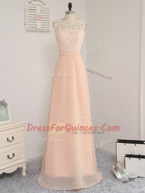 Suitable Peach Empire Bateau Sleeveless Chiffon Floor Length Backless Lace Quinceanera Dama Dress