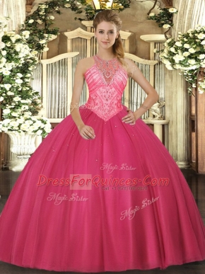Sleeveless Floor Length Beading Lace Up Quinceanera Dresses with Hot Pink