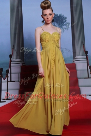 Shining Gold Chiffon Side Zipper Homecoming Dress Sleeveless Floor Length Appliques