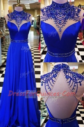 Great Royal Blue Evening Dress Chiffon Sweep Train Sleeveless Beading