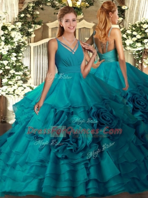 Custom Design Sleeveless Floor Length Ruffles Backless Quinceanera Dress with Teal