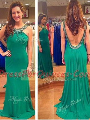Mermaid Backless Prom Dresses Green for Prom and Party with Beading Sweep Train