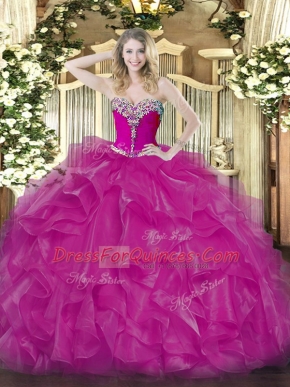Fuchsia Lace Up Quince Ball Gowns Beading and Ruffles Sleeveless Floor Length