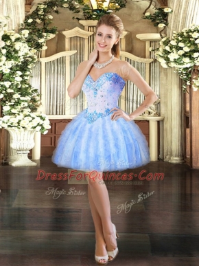 Baby Blue Ball Gowns Sweetheart Sleeveless Tulle Mini Length Lace Up Beading and Ruffles Party Dress Wholesale