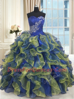 Sleeveless Organza Floor Length Lace Up 15 Quinceanera Dress in Multi-color with Beading and Ruffles