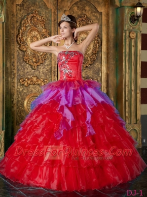2014 Organza Red Ball Gown Strapless Floor-length Cheap Quinceanera Dresses