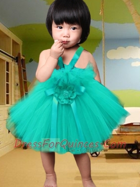 2014 Short Hand Made Flowers Turquoise Little Girl Dress with Straps