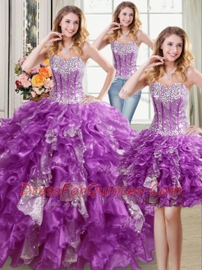 Three Piece Sequins Ball Gowns 15th Birthday Dress Purple Sweetheart Organza Sleeveless Floor Length Lace Up