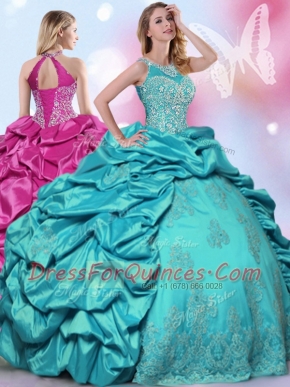 Superior Halter Top Sleeveless Floor Length Beading and Lace and Appliques and Pick Ups Lace Up Sweet 16 Quinceanera Dress with Teal
