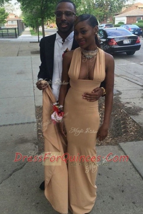 Dynamic Mermaid Backless Prom Dresses Champagne for Prom with Ruching Sweep Train