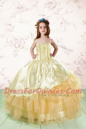 Beautiful Spaghetti Straps Sleeveless Kids Pageant Dress Floor Length Embroidery and Ruffled Layers Orange Organza