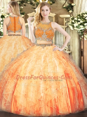Fancy Orange Red Organza Zipper Sweet 16 Quinceanera Dress Sleeveless Floor Length Beading and Ruffles