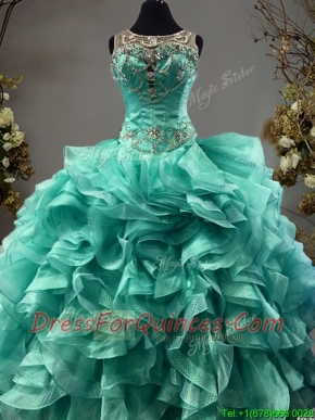 See Through Scoop Turquoise Sweet 16 Dress with Beading and Ruffles