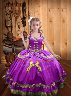 Gorgeous Lilac Satin Lace Up Kids Pageant Dress Sleeveless Floor Length Beading and Embroidery