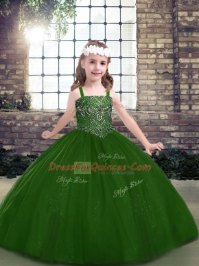 Green Lace Up Straps Beading Winning Pageant Gowns Tulle Sleeveless