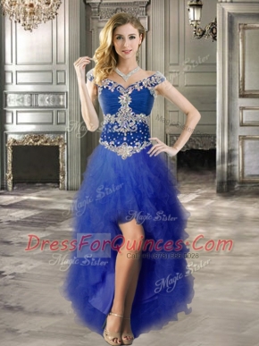 Off the Shoulder High Low A-line Cap Sleeves Royal Blue Dress for Prom Lace Up