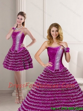 New Styles 2015 Fuchsia Strapless Quinceanera Dress with Ruffled Layers and Beading