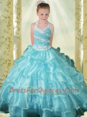 Light Blue Ball Gown Blue Halter Little Gril Pageant Dress with Beading