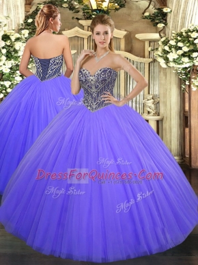 Sexy Floor Length Lace Up Sweet 16 Quinceanera Dress Lavender for Military Ball and Sweet 16 and Quinceanera with Beading