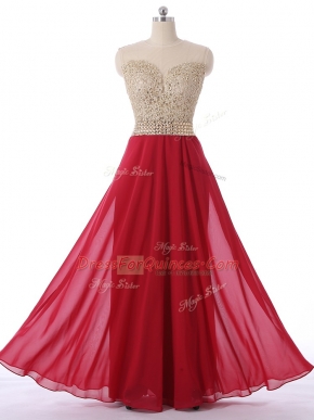 Fantastic Red Empire Scoop Sleeveless Chiffon Floor Length Zipper Beading Prom Party Dress