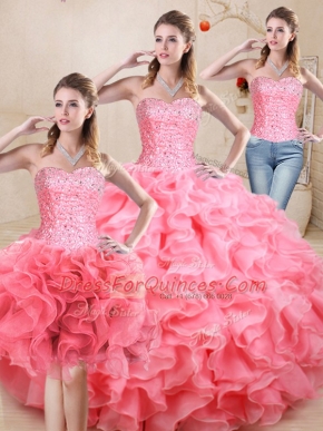 Custom Designed Watermelon Red Ball Gowns Beading and Ruffles Sweet 16 Dresses Lace Up Organza Sleeveless Floor Length