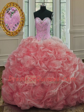 Hot Selling Watermelon Red Ball Gowns Organza Sweetheart Sleeveless Beading Lace Up Quinceanera Gown Sweep Train