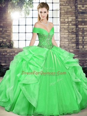 Sleeveless Floor Length Beading and Ruffles Lace Up 15 Quinceanera Dress with Green