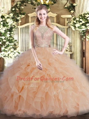 Sleeveless Tulle Floor Length Backless Quinceanera Dresses in Peach with Beading and Ruffles