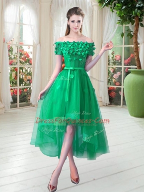 Fantastic Short Sleeves Tulle High Low Lace Up Prom Dresses in Green with Appliques