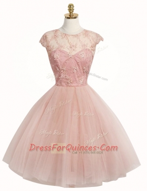 Romantic A-line Dress for Prom Pink Scoop Tulle Cap Sleeves Knee Length Zipper