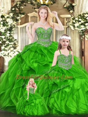 Sleeveless Organza Floor Length Lace Up Ball Gown Prom Dress in Green with Beading and Ruffles