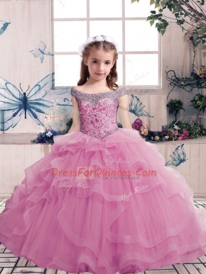 Admirable Lilac Lace Up Little Girls Pageant Dress Wholesale Beading Sleeveless Floor Length