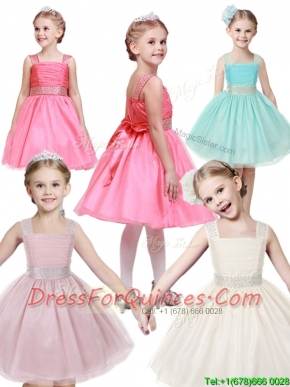 Popular Straps Tulle Little Girl Pageant Dress with Bowknot and Beading