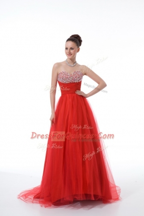 Unique Red Tulle Zipper Sleeveless Beading
