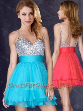 Beautiful A Line V Neck Sequined Aqua Blue Short Dama Dress