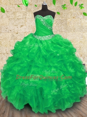Fine Organza Sweetheart Sleeveless Lace Up Beading and Appliques and Ruffles and Ruching Quinceanera Gowns in Green