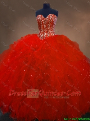 Discount Red Sweetheart Quinceanera Gowns with Ruffles and Beading