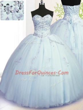 Light Blue Ball Gowns Tulle Sweetheart Sleeveless Beading and Appliques Floor Length Lace Up 15th Birthday Dress