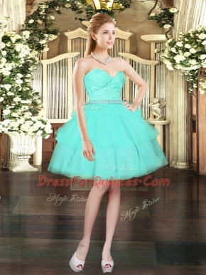 Beading and Lace and Ruffled Layers Custom Made Aqua Blue Lace Up Sleeveless Mini Length