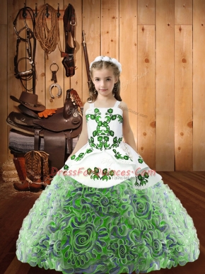 Excellent Multi-color Fabric With Rolling Flowers Lace Up Straps Sleeveless Floor Length Pageant Dress Embroidery and Ruffles
