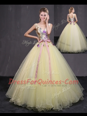 Floor Length Ball Gowns Sleeveless Light Yellow 15th Birthday Dress Lace Up