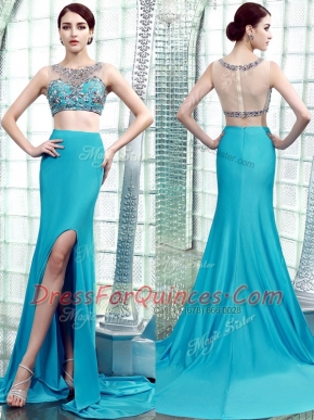 On Sale Aqua Blue Scoop Neckline Beading Prom Dresses Sleeveless Zipper