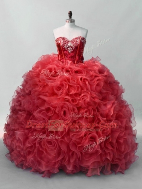 Fashion Sweetheart Sleeveless Quince Ball Gowns Floor Length Sequins Red Organza