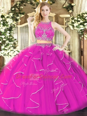 Fantastic Organza Scoop Sleeveless Zipper Ruffles Sweet 16 Dresses in Fuchsia