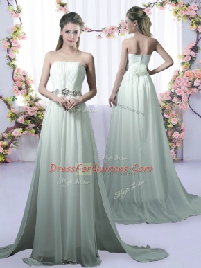 Decent Apple Green Quinceanera Dama Dress Chiffon Brush Train Sleeveless Beading