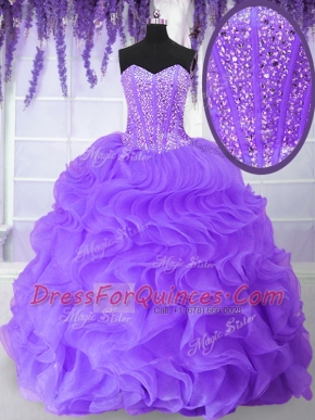 Flirting Beading and Ruffles Quince Ball Gowns Purple Lace Up Sleeveless Floor Length